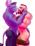  anthro beard bgn biceps bovine dialog duo embrace eyes_closed facial_hair facial_piercing friendship_is_magic gay horn human iron_will_(mlp) kissing love lying male mammal minotaur mohawk muscles my_little_pony necktie nipples nose_piercing nose_ring nude piercing pose pubes smile smirk text undressing zangief 