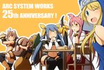  4girls ^_^ animal_ears anniversary antenna_hair aqua_eyes black_legwear blazblue blonde_hair blue_hair blush boots breasts bridget_(guilty_gear) brown_hair cat_ears cat_tail chair closed_eyes company_name dizzy food glasses guilty_gear hair_ribbon hat highres kokonoe long_hair looking_at_viewer makoto_nanaya may_(guilty_gear) medium_breasts mirano multiple_girls navel nun odd_one_out one_eye_closed open_mouth orange_background otoko_no_ko pants pink_hair pirate_hat red_eyes red_pants ribbon short_hair sitting squirrel_ears squirrel_tail table tail tail_hug tail_ribbon thighhighs twintails underboob 