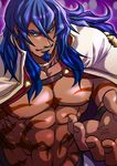  azrael_(blazblue) blazblue blue_hair grin male_focus muscle nipples smile solo tattoo zinpati 