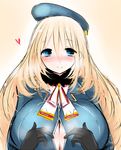  atago_(kantai_collection) black_gloves blonde_hair blue_eyes blush breasts gloves han_(jackpot) hat heart huge_breasts kantai_collection long_hair military_jacket paizuri_invitation smile solo 