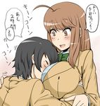  black_hair blazer bow bowtie breast_pillow breast_smother breasts brown_eyes brown_hair check_translation chihara_kuroyuri dress_shirt gradient gradient_background head_in_chest huge_breasts jacket komusou_(jinrikisha) long_hair mole mole_under_eye multiple_girls ooba_minori open_mouth original school_uniform shirt short_hair sweatdrop translated translation_request white_shirt yuri 