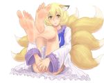  animal_ears bare_legs barefoot blonde_hair blush colorized covering covering_crotch dress feet fox_ears fox_tail full_body highres kuro_suto_sukii kyuubi long_sleeves looking_at_viewer multiple_tails no_hat no_headwear simple_background sitting soles solo tail toes touhou white_background white_dress wide_sleeves yakumo_ran yellow_eyes 