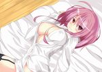  ahhien areolae bad_id bad_pixiv_id bed_sheet black_legwear blush breasts garter_straps large_breasts long_hair looking_at_viewer original purple_eyes purple_hair shirt solo thighhighs unbuttoned white_shirt wooden_floor 