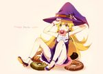  araragi bad_id bad_pixiv_id bare_shoulders blonde_hair cookie doughnut dress flat_chest food halloween hat jack-o'-lantern koyomi long_hair monogatari_(series) mouth_hold oshino_shinobu solo ume_(plumblossom) witch_hat yellow_eyes 