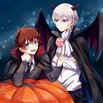  absurdres blood blue_eyes brown_hair candy cape crossed_arms demon_horns demon_tail fangs food halloween highres horns kakumeiki_valvrave l-elf lollipop long_sleeves male_focus multiple_boys necktie open_mouth pumpkin purple_eyes sana423 short_hair silver_hair sky star_(sky) starry_sky sweater swirl_lollipop tail tokishima_haruto wings 