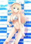  bikini blonde_hair breasts company_name elizax9x green_eyes hair_ribbon highres katsuragi_(senran_kagura) large_breasts long_hair nipples ribbon senran_kagura senran_kagura_shoujo-tachi_no_shin'ei smirk sofmap sofmap_background step_and_repeat swimsuit swimsuit_pull 