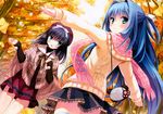  2girls :d absurdres aqua_hair autumn black_hair blush bow cube frills fringe green_eyes hair_intakes hair_ribbon hat highres kanekiyo_miwa kurano_ema kurano_kun_chi_no_futago_jijou kurano_yae leaf long_hair multiple_girls open_mouth outstretched_hand plaid poncho ribbed_sweater ribbon scarf shawl siblings sisters smile sweater thighhighs turtleneck twins two_side_up wallpaper 