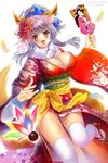  :d animal_ears au7 breasts cleavage flower geta hair_flower hair_ornament japanese_clothes kimono large_breasts long_hair open_mouth original seiken_orochi_chronicle silver_hair smile solo tail thighhighs white_legwear yellow_eyes 
