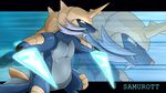  anthro beard claws dual_wielding facial_hair glowing grin helmet horn izzyreddragon looking_away male mammal mustelid nintendo otter plain_background pok&#233;mon pok&eacute;mon samurott solo sword video_games wallpaper weapon 