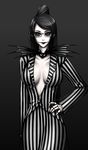  1girl bayonetta bayonetta_(character) beetlejuice black_eyes black_hair breasts cosplay darika_wora-apinyaporn fusion glasses gothic halloween jack_skellington jack_skellington_(cosplay) long_hair makeup the_nightmare_before_christmas vertical_stripes 