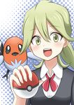  blonde_hair fletchling gen_6_pokemon holding holding_poke_ball lass_(pokemon) poke_ball poke_ball_(generic) pokemon pokemon_(creature) pokemon_(game) pokemon_xy raryuu smile yellow_eyes 