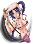  1girl bikini breasts kousaka_shigure kuro_fn large_breasts long_hair ponytail purple_eyes purple_hair shijou_saikyou_no_deshi_ken&#039;ichi shijou_saikyou_no_deshi_ken'ichi solo swimsuit sword tattoo very_long_hair weapon 
