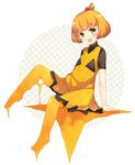  :d blush dress full_body green_eyes halloween kito_(sorahate) looking_at_viewer open_mouth orange_hair original short_hair short_sleeves simple_background smile solo yellow 