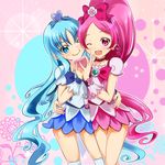  :d azumawari_(azumofu) blue_eyes blue_hair blue_skirt boots bow choker cure_blossom cure_marine hair_bow hair_ornament hair_ribbon hairpin hanasaki_tsubomi heart heartcatch_precure! knee_boots kurumi_erika long_hair magical_girl multiple_girls one_eye_closed open_mouth pink_bow pink_choker pink_eyes pink_hair pink_skirt ponytail precure puffy_sleeves ribbon skirt smile thighhighs very_long_hair white_legwear wrist_cuffs 