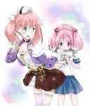  atelier_(series) atelier_escha_&amp;_logy bad_anatomy breasts cleavage crossover escha_malier gold_trim green_eyes hair_bobbles hair_ornament highres jacket kantai_collection look-alike medium_breasts multiple_girls parody pink_eyes pink_hair pleated_skirt sazanami_(kantai_collection) school_uniform serafuku sketch_eyebrows skirt slim_legs tail tail_grab tail_wagging thigh_gap thighhighs translation_request twintails yoshi@highland zettai_ryouiki 