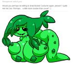  bent_over big_breasts breasts butt cacturne cactus english_text female flora_fauna green_hair hair huge_breasts jigglybutts nintendo plain_background pok&#233;mon pok&eacute;mon smile solo text video_games white_background 
