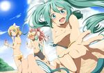  1boy 3girls absurdres aqua_nails ass assisted_exposure back beach bikini bikini_skirt bikini_top_removed blonde_hair blue_eyes blue_sky blush bracelet breast_smother breasts brother_and_sister cleavage clothes_thief cloud collarbone covering covering_breasts eating full-face_blush green_bikini green_eyes green_hair green_nails hair_ornament hair_ribbon hairclip hatsune_miku highres hug hug_from_behind jewelry kagamine_len kagamine_rin large_breasts long_hair looking_at_viewer looking_back megurine_luka multiple_girls nail_polish open_mouth outstretched_arm outstretched_hand pink_hair pov pov_hands ribbon rumia_(compacthuman) shaved_ice short_hair siblings side-tie_bikini sky spilling striped striped_bikini striped_swimsuit sun swim_trunks swimsuit swimsuit_theft swimsuit_thief theft toenail_polish turning very_long_hair vocaloid yellow_bikini yellow_nails 