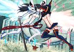  2girls battle boots breasts high_heel_boots high_heels inuyou junketsu kill_la_kill kiryuuin_satsuki large_breasts long_hair matoi_ryuuko multicolored_hair multiple_girls senketsu thigh_boots thighhighs two-tone_hair 