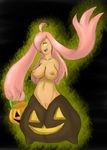  breasts bucket female ghost gourgeist grasp hair happy holding long_hair looking_at_viewer lurkingtyger monster navel nintendo nipples open_mouth orange_nipples pink_hair plain_background pok&#233;mon pok&eacute;mon pumpkin pussy sharp_teeth smile solo spirit teeth tongue vegetable video_games white_eyes yellow_eyes 