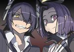  bad_id bad_pixiv_id eyepatch from_below gloves grin headgear kantai_collection looking_at_viewer mechanical_halo multiple_girls nuezou purple_eyes purple_hair shaded_face short_hair smile tatsuta_(kantai_collection) tenryuu_(kantai_collection) yellow_eyes 