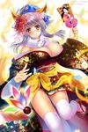  animal_ears au7 breasts cleavage flower geta hair_flower hair_ornament japanese_clothes kimono large_breasts long_hair original seiken_orochi_chronicle silver_hair smile solo tail thighhighs white_legwear yellow_eyes 