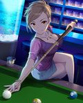  alcohol artist_request ball bar billiards bracelet breasts brown_eyes brown_hair cleavage counter crossed_legs cue_ball cue_stick cup drink drinking_glass earrings fish fish_tank glass hyoudou_rena idolmaster idolmaster_cinderella_girls indoors jewelry jpeg_artifacts large_breasts light_smile looking_at_viewer necklace official_art pool_table pose side_slit sitting skirt solo stool 