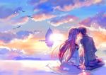  1girl aincrad asuna_(sao) bare_shoulders bird black_hair brown_hair cloud couple detached_sleeves floating_castle from_behind hetero highres kirito kiss long_hair naruse_chisato sitting sky sunlight sword_art_online wallpaper 