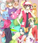  4boys apron backwards_hat baseball_cap charmander chikorita closed_eyes croconaw crystal_(pokemon) eevee flaaffy gen_1_pokemon gen_2_pokemon gold_(pokemon) hat head_scarf holding holding_pokemon magnemite multiple_boys ookido_green pikachu pink_background pokemon pokemon_(creature) pokemon_(game) pokemon_gsc quilava red_(pokemon) shirt silver_(pokemon) sneasel soma_peries suzi_com t-shirt upper_body venusaur vest wartortle 