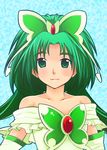  akimoto_komachi arm_warmers bare_shoulders brooch butterfly_hair_ornament closed_mouth cure_mint dress green_background green_eyes green_hair hair_ornament jewelry kumataka long_hair magical_girl portrait precure smile solo yes!_precure_5 
