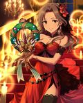  artist_request bow brown_eyes brown_hair candle christmas christmas_ornaments christmas_wreath dress earrings flower hair_flower hair_ornament idolmaster idolmaster_cinderella_girls indoors jewelry jpeg_artifacts kawashima_mizuki light_smile long_hair looking_at_viewer official_art railing red_dress ribbon solo stairs thighhighs window wreath 