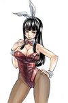  &gt;:| 1girl angry bangs bare_shoulders black_hair blunt_bangs bow bowtie breasts brown_legwear bunny_girl bunny_suit bunnysuit cleavage clothes_writing contrapposto cowboy_shot detached_collar fairy_tail grey_eyes hair_ribbon hairband hand_on_hip hand_on_own_chest kagura_mikazuchi large_breasts long_hair looking_at_viewer mashima_hiro official_art pantyhose ribbon simple_background solo standing traditional_media white_background wrist_cuffs 