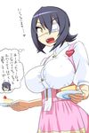  alternate_costume anna_miller breasts cake covered_nipples eyepatch food headgear heart holding holding_food kantai_collection kozou_(rifa) large_breasts name_tag no_headwear open_mouth part_time_job plate purple_hair simple_background solo tenryuu_(kantai_collection) thought_bubble translated waitress white_background yellow_eyes 