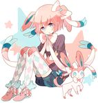  animal_ears argyle argyle_legwear blue_eyes bow boyano elbow_gloves gen_6_pokemon gloves hair_bow moemon personification pink_gloves pink_hair pokemon pokemon_(creature) puffy_sleeves shorts sitting star sylveon thighhighs 