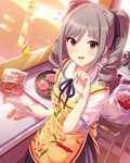  :d apron artist_request bag bug butterfly cooking drill_hair flying frying_pan grey_hair hair_ribbon idolmaster idolmaster_cinderella_girls insect kanzaki_ranko kitchen kitchen_knife knife official_art open_mouth red_eyes ribbon school_uniform shopping_bag smile sweatdrop twin_drills twintails 