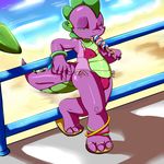  3_toes arm_support beach big_belly bikini bracelet bulge chubby clothed clothing crossdressing day dragon food forefinger friendship_is_magic gay girly green_eyes half-closed_eyes hi_res holding ice_cream jewelry licking long_tongue looking_at_viewer male my_little_pony pose purple_skin ring saliva saurian_(artist) sea seaside seduction seductive shiny shoes side-tie_bikini skimpy solo spike_(mlp) standing suggestive summer swimsuit thick_thighs thongs tongue two_tone_skin water wide_hips 