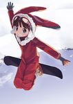  animal_ears blue_eyes brown_hair bunny_ears gloves goggles original shuzoku_fumei snowboard solo 