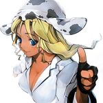  animal_hat animal_print blonde_hair blue_eyes breasts cleavage copyright_request cow_print fingerless_gloves gloves hat large_breasts pupps solo thumbs_up 