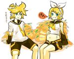  1girl bad_id bad_pixiv_id belly belly_yanagi blonde_hair blush bow brother_and_sister burp food fruit full_stomach green_eyes kagamine_len kagamine_rin lowres mandarin_orange midriff navel short_hair shorts siblings smile translated twins vocaloid 