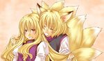  animal_ears bad_id bad_pixiv_id blonde_hair fox_ears fox_tail happy long_hair multiple_girls no_hat no_headwear ogera_okera orange_background purple_eyes short_hair tail touhou yakumo_ran yakumo_yukari 