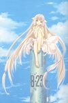  absurdly_long_hair bare_shoulders barefoot blonde_hair brown_eyes chii chobits clamp cloud day dress feet full_body highres long_hair official_art robot_ears sitting sky smile solo strap_slip sundress tower very_long_hair 