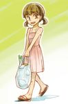  artist_request bag bare_shoulders brown_hair doujima_nanako dress groceries persona persona_4 sandals short_twintails smile solo spring_onion twintails yellow_eyes 