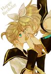  1girl ayu birthday blonde_hair brother_and_sister holding_hands kagamine_len kagamine_rin nail_polish short_hair siblings twins vocaloid yellow_nails 