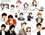  3boys ^_^ black_hair blush bow bowtie brown_hair character_request closed_eyes collarbone copyright_name from_above head_tilt kagami_arata kamen_rider kamen_rider_kabuto kamen_rider_kabuto_(series) kusakabe_hiyori long_sleeves looking_at_viewer looking_up multiple_boys multiple_girls red_bow red_neckwear shirt simple_background tendou_juka tendou_souji white_background white_shirt yaguruma_sou 