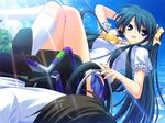  blue_eyes blue_hair crossed_legs dutch_angle error fisheye fumio_(ura_fmo) hand_behind_head hoshiuta kinoshita_midori lens_flare light_rays long_hair long_legs non-web_source school_uniform sitting skirt solo_focus sunbeam sunlight twintails wheelchair 