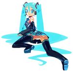  ass bad_id bad_pixiv_id blue_eyes blue_hair detached_sleeves hatsune_miku long_hair miniskirt omake3213 panties pantyshot skirt solo thighhighs twintails underwear very_long_hair vocaloid 
