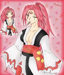  baiken breasts cleavage facial_mark forehead_mark guilty_gear highres japanese_clothes kimono leaf medium_breasts mouth_hold one-eyed pink_eyes pink_hair ponytail scar scar_across_eye sparx 