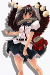  bad_id bad_pixiv_id black_hair black_wings blush bunbunmaru camera hat ikkun_(studio_ibusos) looking_at_viewer mouth_hold newspaper shameimaru_aya solo touhou wings 