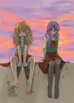  alternate_costume artist_request barefoot bespectacled blonde_hair braid dusk feet glasses holding holding_shoes kirisame_marisa long_hair messy_hair mouth_hold multiple_girls pantyhose patchouli_knowledge purple_hair school_uniform shoes socks sunset touhou 