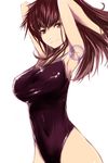  armpits arms_up breasts brown_eyes brown_hair highres kae_(artist) large_breasts long_hair misaki_shizuno one-piece_swimsuit skin_tight solo swimsuit zegapain 