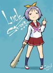  bad_id bad_pixiv_id baseball_bat blush_stickers highres hiiragi_tsukasa jitome lucky_star middle_finger nail nail_bat pink_neckwear purple_hair ryouou_school_uniform school_uniform sekihan serafuku short_hair solo 